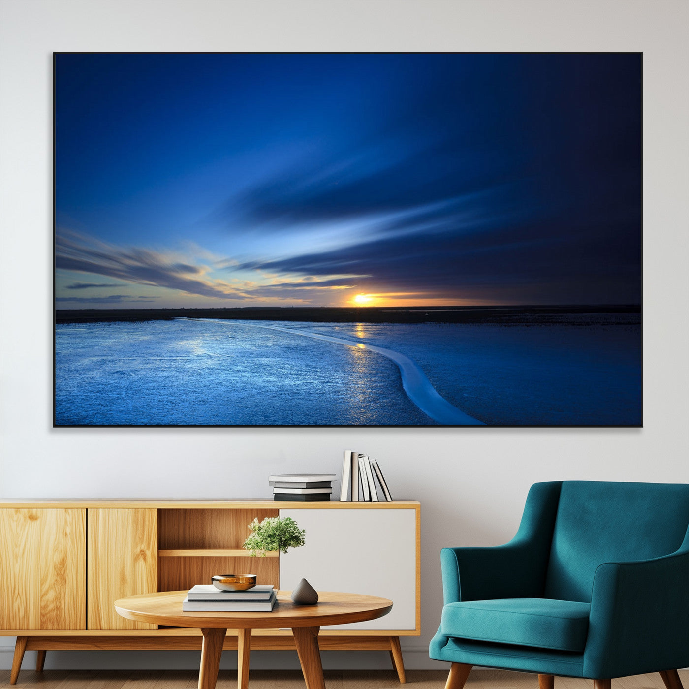 65405-SEG-FC-51X34_Oversize-Blue Sunrise Seascape Wall Art – Tranquil Ocean Horizon Canvas Print with Golden Sunlight and Deep Sky, Coastal Landscape Decor