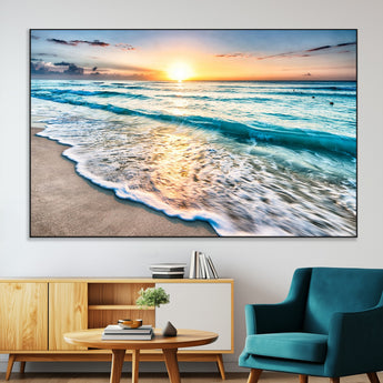 27815-SEG-FC-51X34_Oversize-Ocean Sunrise Beach Wall Art – Serene Coastal Canvas Print with Waves and Golden Morning Light, Relaxing Seascape Decor for