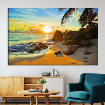 26181-SEG-FC-51X34_Oversize-Golden Tropical Sunset Beach Wall Art – Ocean Canvas Print with Palm Trees and Rocks, Coastal Paradise Decor for Living Room or