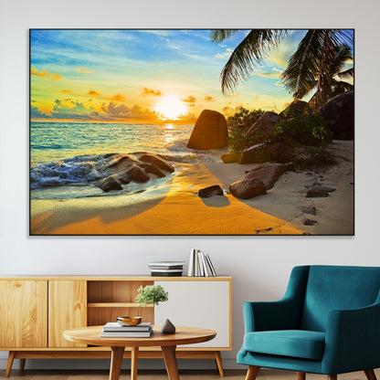 26181-SEG-FC-51X34_Oversize-Golden Tropical Sunset Beach Wall Art – Ocean Canvas Print with Palm Trees and Rocks, Coastal Paradise Decor for Living Room or