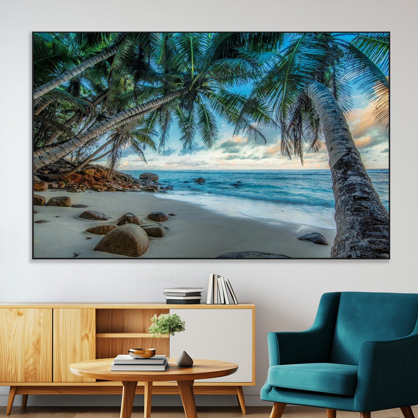 39679-SEG-FC-51X34_Oversize-Tropical Palm Beach Wall Art – Serene Ocean Canvas Print with Palm Trees and Rocks, Coastal Paradise Decor for Living Room or