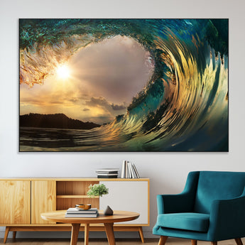 38256-SEG-FC-51X34_Oversize-Ocean Wave Wall Art – Stunning Sunrise Through Curling Wave Canvas Print, Coastal Surf Photography Seascape Decor for Living Room,