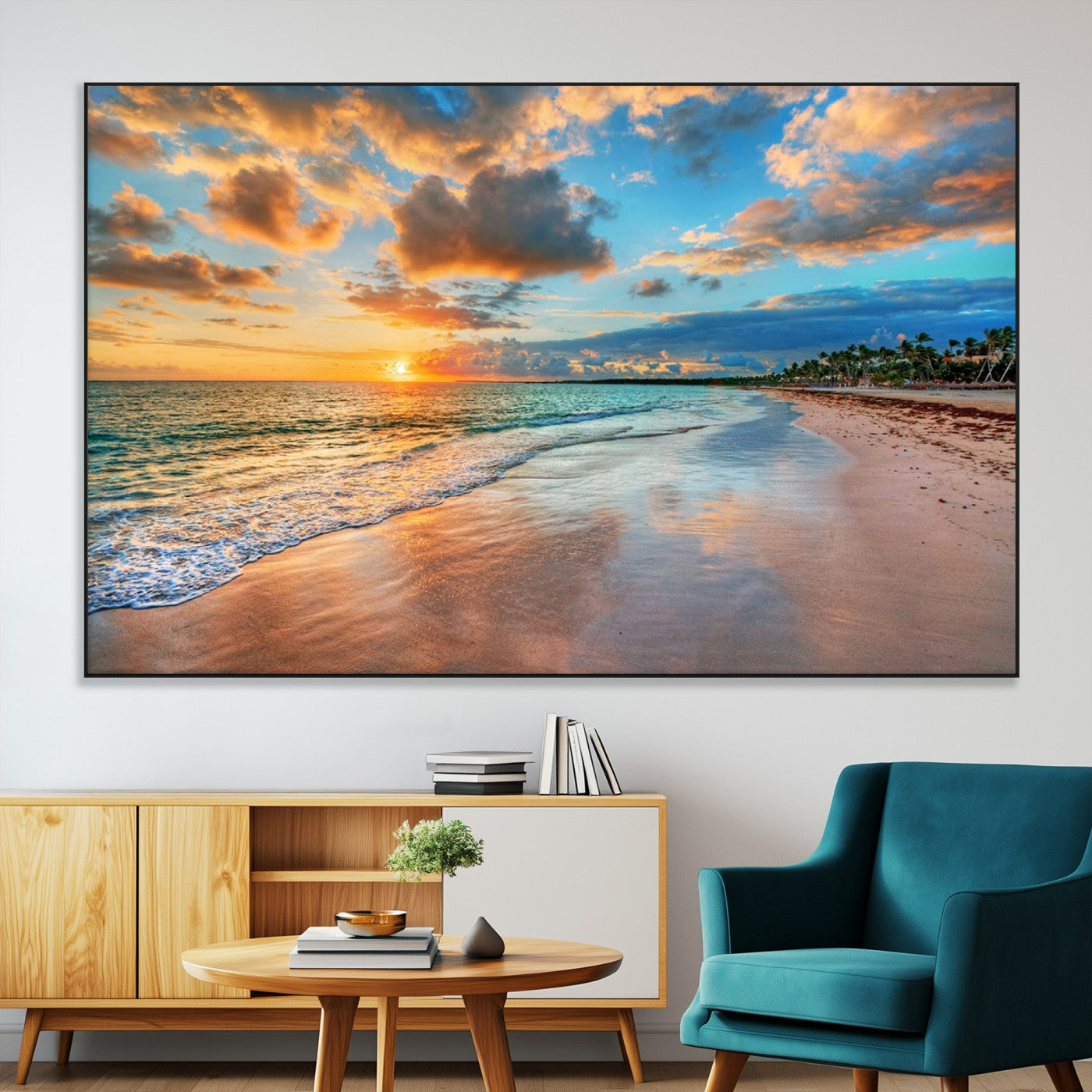41572-SEG-FC-51X34_Oversize-Sunset Beach Wall Art – Ocean Waves and Palm Trees Canvas Print, Tropical Coastal Sunset Seascape Decor for Living Room, Bedroom