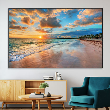 41572-SEG-FC-51X34_Oversize-Sunset Beach Wall Art – Ocean Waves and Palm Trees Canvas Print, Tropical Coastal Sunset Seascape Decor for Living Room, Bedroom