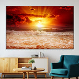 60211-SEG-FC-51X34_Oversize-Fiery Sunset Ocean Wall Art – Red Sky Seascape Canvas Print with Waves, Bold Coastal Sunset Decor for Living Room or Bedroom
