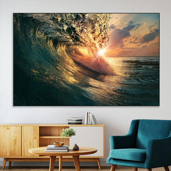 55359-SEG-FC-51X34_Oversize-Radiant Ocean Wave Wall Art – Panoramic Surf Canvas Print, Vibrant Sunset Beach Decor for Home, Office or Man Cave