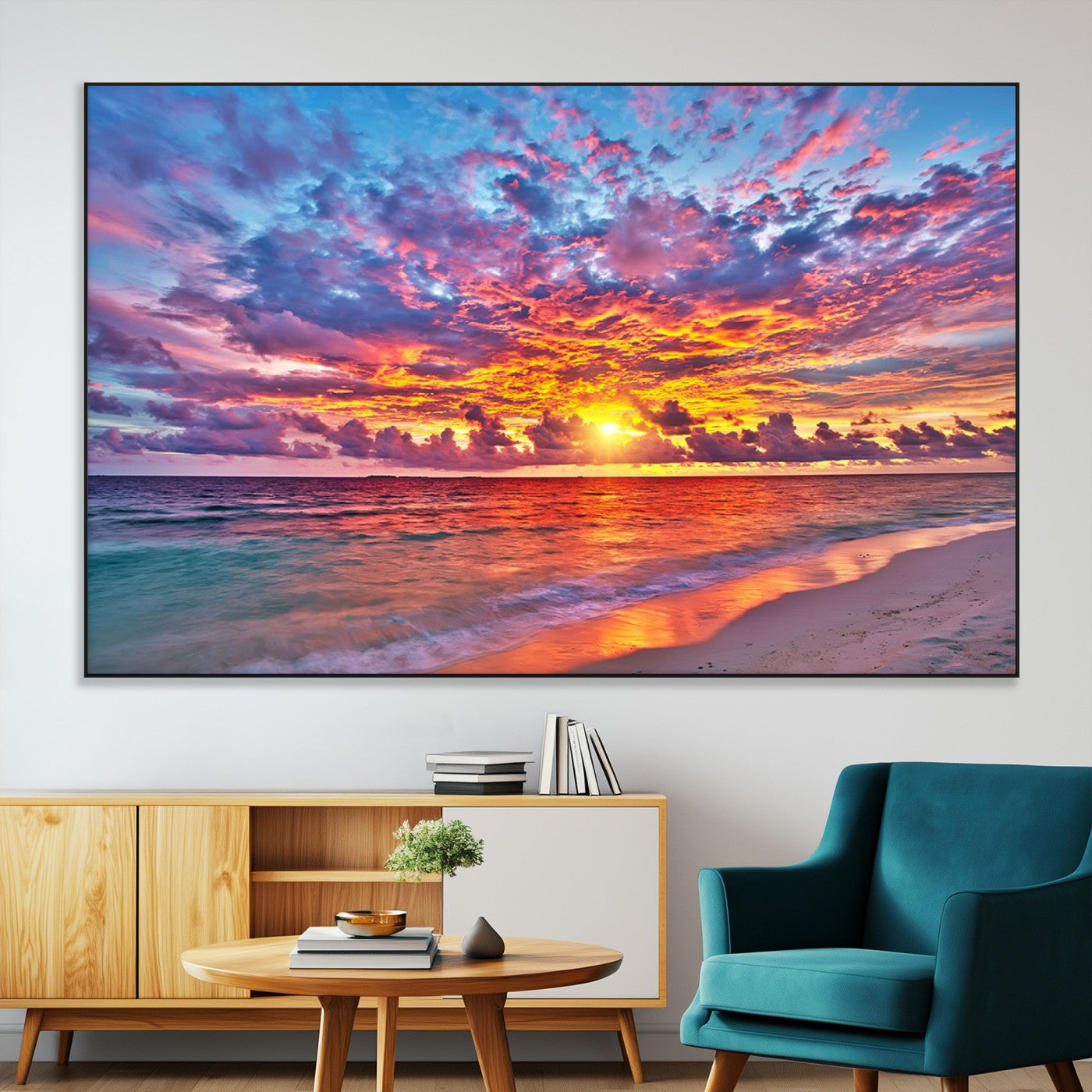 72836-SEG-FC-51X34_Oversize-Fiery Sunset Beach Wall Art – Panoramic Vibrant Ocean Canvas Print, Dramatic Coastal Decor for Living Room, Bedroom or Office