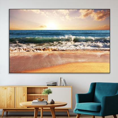 79005-SEG-FC-51X34_Oversize-Golden Sunrise Ocean Waves Wall Art – Panoramic Seashore Canvas Print, Calming Coastal Decor for Home, Office or Relaxation Space