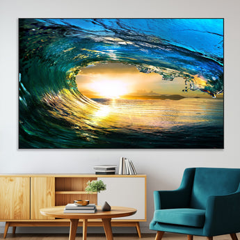 19378-SEG-FC-51X34_Oversize-Ocean Wave Sunset Wall Art – Vibrant Surf and Golden Horizon Canvas Print, Coastal Seascape Photography for Living Room, Bedroom,