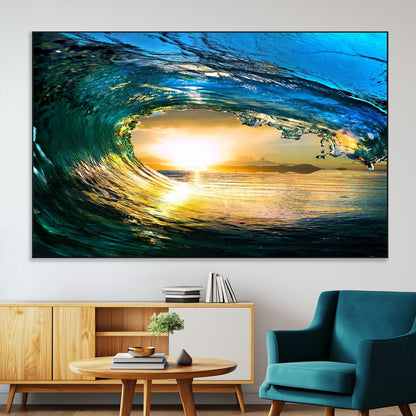 19378-SEG-FC-51X34_Oversize-Ocean Wave Sunset Wall Art – Vibrant Surf and Golden Horizon Canvas Print, Coastal Seascape Photography for Living Room, Bedroom,