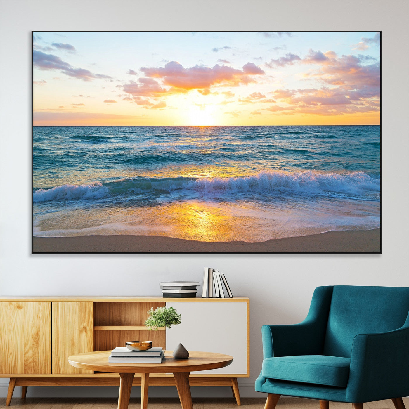 78006-SEG-FC-51X34_Oversize-Golden Sunrise Ocean Wall Art – Panoramic Beach Waves Canvas Print, Coastal Seascape Artwork for Living Room, Bedroom, Office, or