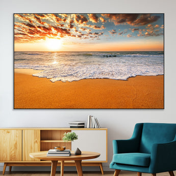 15399-SEG-FC-51X34_Oversize-Golden Sunrise Beach Wall Art – Ocean Waves on Sandy Shore Canvas Print, Coastal Seascape Decor for Living Room or Bedroom