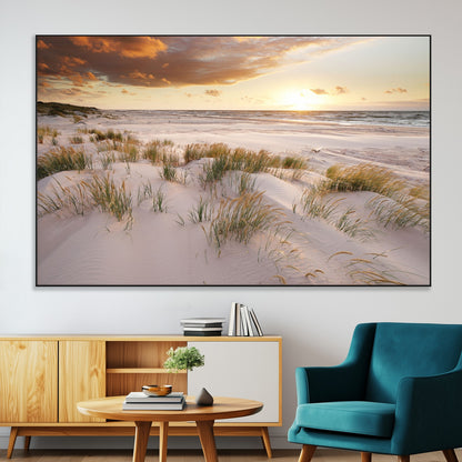 61246-SEG-FC-51X34_Oversize-Coastal Sand Dunes Wall Art – Serene Beach Sunset Canvas Print with Grasses and Ocean View, Tranquil Seaside Decor for Living Room