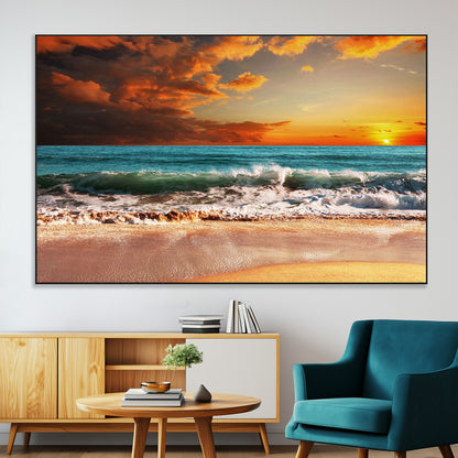 72948-SEG-FC-51X34_Oversize-Ocean Sunset Wave Wall Art – Dramatic Seascape Canvas Print with Golden Sky and Crashing Waves, Coastal Beach Decor for Living
