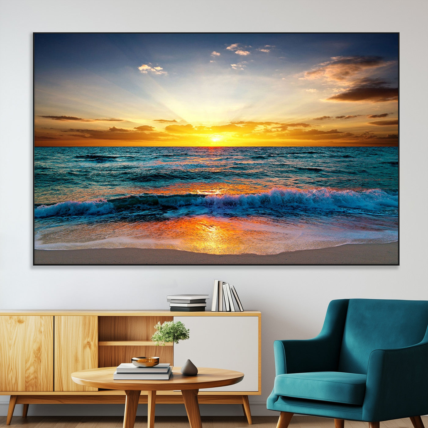 50627-SEG-FC-51X34_Oversize-Ocean Sunset Wall Art – Serene Beach Canvas Print with Waves and Golden Sky, Coastal Decor for Living Room or Office