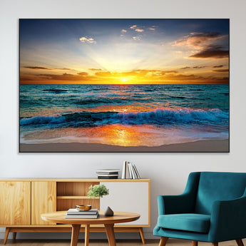 50627-SEG-FC-51X34_Oversize-Ocean Sunset Wall Art – Serene Beach Canvas Print with Waves and Golden Sky, Coastal Decor for Living Room or Office