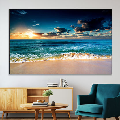 88985-SEG-FC-51X34_Oversize-Ocean Sunset Wall Art – Tranquil Beach Waves Canvas Print, Coastal Seascape Decor for Living Room or Office