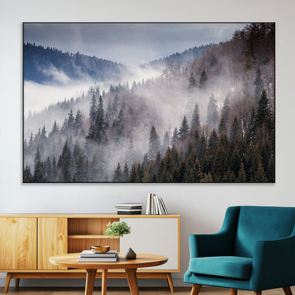 18459-SEG-FC-51X34_Oversize-Misty Pine Forest Wall Art – Serene Mountain Landscape Canvas Print, Tranquil Nature Artwork for Living Room, Bedroom, Cabin or