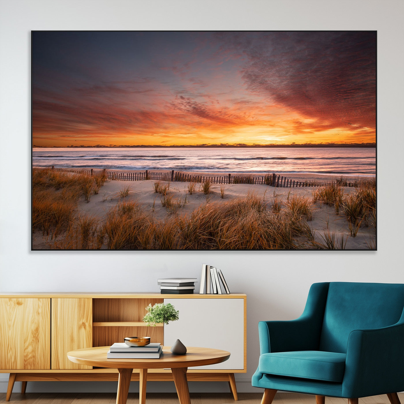 90176-SEG-FC-51X34_Oversize-Beach Sunset Wall Art – Coastal Sand Dune Canvas Print with Ocean Waves and Dramatic Sky, Seaside Landscape Decor for Living Room
