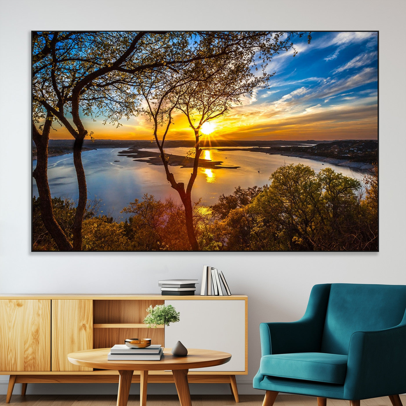 66839-SEG-FC-51X34_Oversize-Lake Sunset Wall Art – Golden Hour Canvas Print with Trees and Water Reflection, Scenic Landscape Photography for Living Room,
