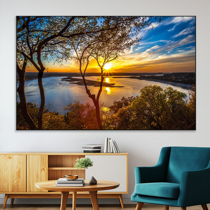 66839-SEG-FC-51X34_Oversize-Lake Sunset Wall Art – Golden Hour Canvas Print with Trees and Water Reflection, Scenic Landscape Photography for Living Room,