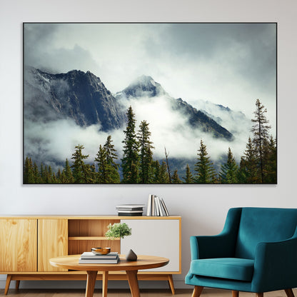 93219-MGV-CV-36X24-Misty Mountain Wall Art – Foggy Pines and Rocky Peaks Canvas Print, Nature Landscape Decor for Living Room, Office or Bedroom