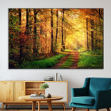 73494-MGV-CV-36X24-Golden Autumn Forest Path Wall Art – Sunlit Woodland Canvas Print, Fall Nature Landscape Home Decor