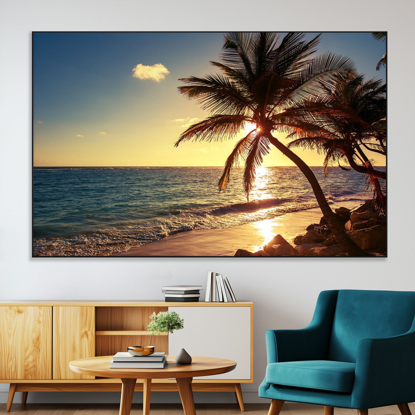 82710-SEG-FC-51X34_Oversize-Palm Tree Sunset Beach Wall Art – Tropical Ocean Canvas Print, Coastal Paradise Seascape Decor for Living Room or Office Wall
