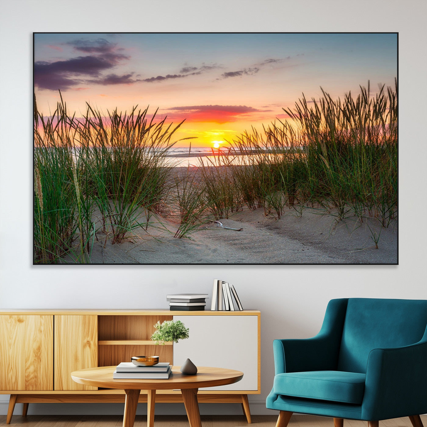 25576-SEG-FC-51X34_Oversize-Beach Grass Sunset Wall Art – Coastal Sand Dune Landscape Canvas Print, Ocean View Nature Decor for Living Room or Office Wall