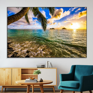 68606-MGV-CV-36X24-Tropical Palm Tree Ocean Wall Art – Sunset Beach Seascape Print, Coastal Paradise Decor for Living Room or Office