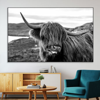 83810-MGV-CV-36X24-Highland Cow Wall Art – Black and White Highland Cattle Print, Rustic Farmhouse Animal Decor for Living Room or Office