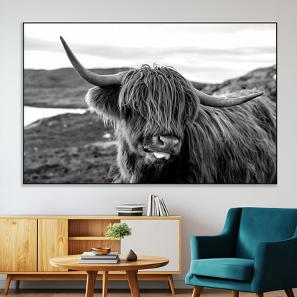 83810-SEG-FC-51X34_Oversize-Highland Cow Wall Art – Black and White Highland Cattle Print, Rustic Farmhouse Animal Decor for Living Room