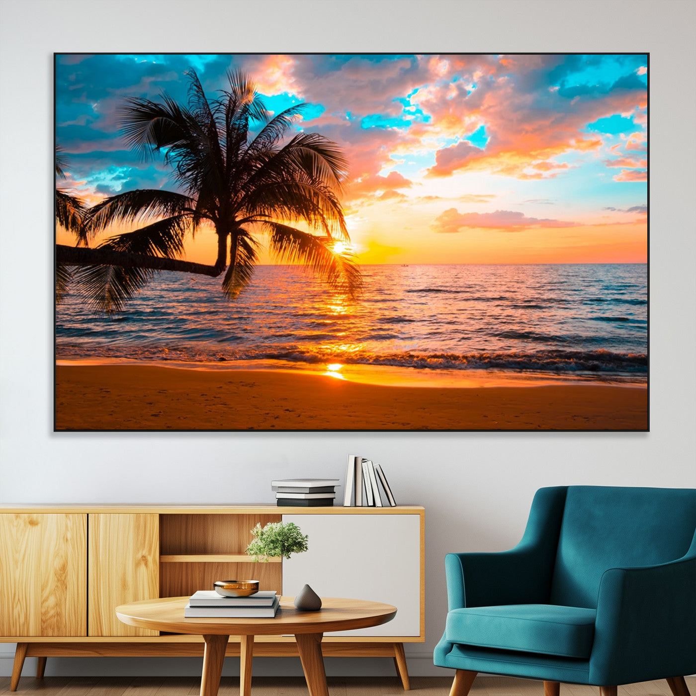 34674-SEG-FC-51X34_Oversize-Tropical Sunset Beach Wall Art – Palm Tree Ocean Canvas Print, Coastal Seascape Decor for Living Room or Office Wall
