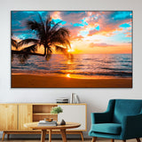 34674-SEG-FC-51X34_Oversize-Tropical Sunset Beach Wall Art – Palm Tree Ocean Canvas Print, Coastal Seascape Decor for Living Room or Office Wall
