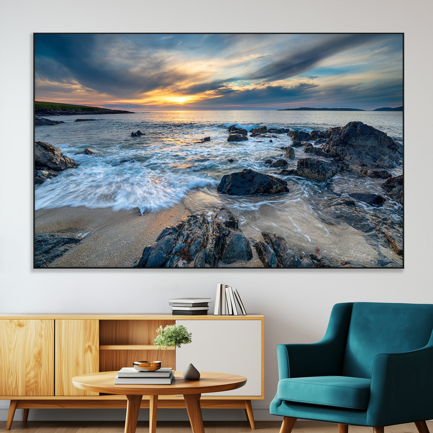 17902-SEG-FC-51X34_Oversize-Rocky Shore Ocean Sunset Wall Art – Coastal Seascape Canvas Print, Nature Beach Decor for Living Room or Office