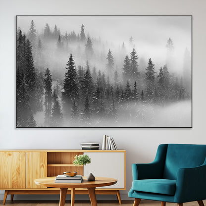 57235-SEG-FC-51X34_Oversize-Misty Pine Forest Wall Art – Black and White Mountain Landscape Canvas Print, Nature Woodland Decor for Living Room, Bedroom or