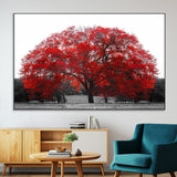 80021-MGV-CV-36X24-Red Tree Wall Art – Striking Black and White Landscape Canvas Print with Vibrant Red Leaves, Modern Nature Decor for Living Room