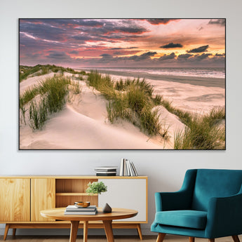 60570-SEG-FC-51X34_Oversize-Beach Sunset Wall Art – Coastal Sand Dunes and Ocean Horizon Canvas Print, Tranquil Seascape Photography Decor for Living Room or