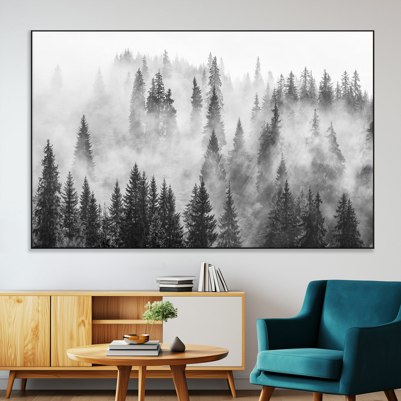 10422-MGV-CV-36X24-Misty Pine Forest Wall Art – Black and White Foggy Landscape Canvas Print, Serene Nature Woodland Decor for Bedroom, Office or