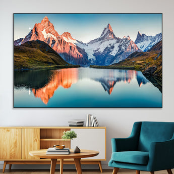 88453-SEG-FC-51X34_Oversize-Mountain Lake Wall Art – Snow-Capped Peaks Reflected in Alpine Water Canvas Print, Nature Landscape Wall Decor for Living Room or