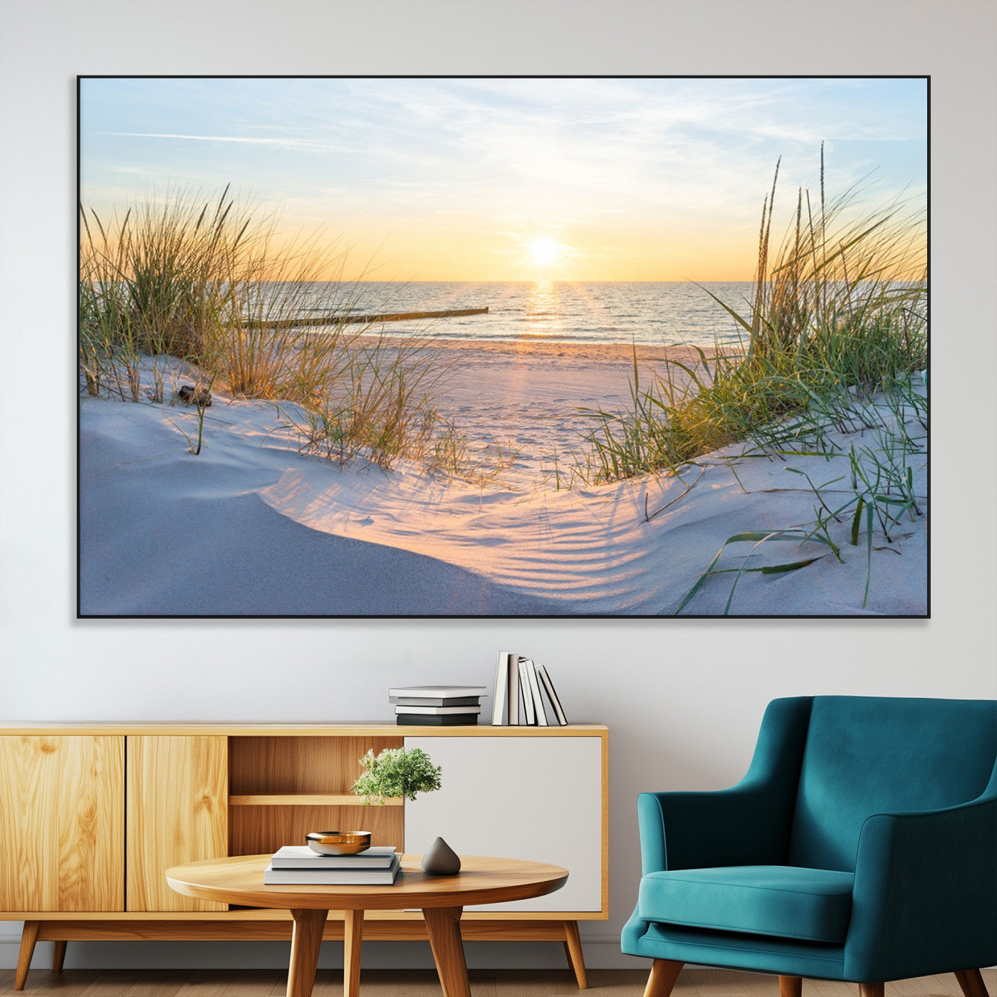 48907-SEG-FC-51X34_Oversize-Beach Sunset Wall Art – Coastal Sand Dunes and Ocean View Canvas Print, Serene Seaside Landscape Painting for Living Room, Bedroom