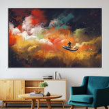 45085-SEG-FC-51X34_Oversize-Surreal Cosmic Wall Art – Abstract Galaxy Dreamscape Canvas Print with Man and Dog in Boat, Fantasy Nebula Painting for Living