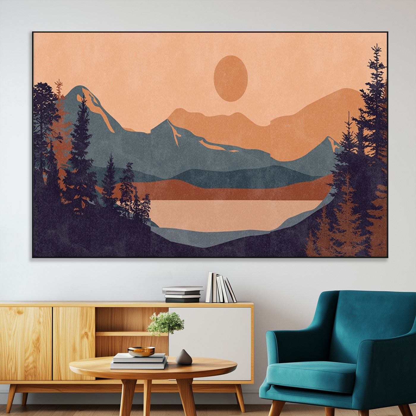 62795-SEG-FC-51X34_Oversize-Minimalist Mountain Landscape Wall Art – Abstract Sunset Over Peaks and Pine Trees Canvas Print, Modern Nature Decor for Living