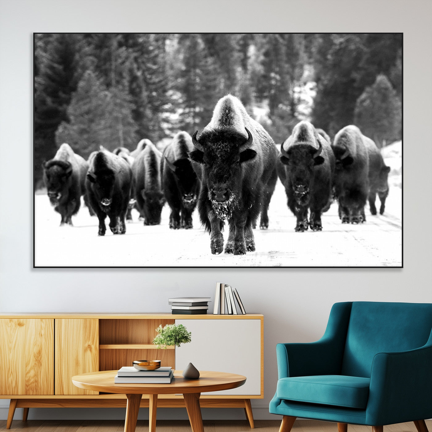 62434-MGV-CV-36X24-Bison Herd Wall Art – Majestic Black and White Buffalo Canvas Print, Wildlife Nature Photography Decor for Living Room, Office or
