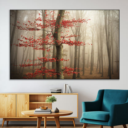 61855-MGV-CV-36X24-Misty Forest Wall Art – Red Tree with Autumn Leaves Canvas Print, Moody Woodland Nature Decor for Living Room, Bedroom, or Office