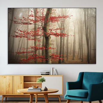 61855-SEG-FC-51X34_Oversize-Misty Forest Wall Art – Red Tree with Autumn Leaves Canvas Print, Moody Woodland Nature Decor for Living Room, Bedroom, or Office