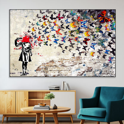 88654-SEG-FC-51X34_Oversize-Butterfly Explosion Graffiti Wall Art – Street Art Canvas Print, Colorful Butterfly Spray Mural, Modern Abstract Urban Wall Decor