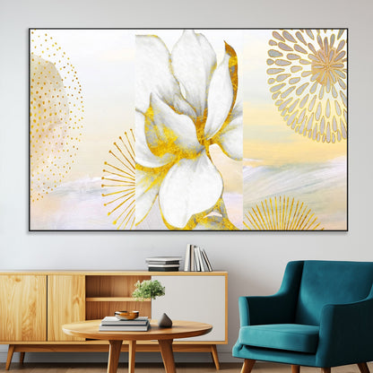 82301-MGV-CV-36X24-Modern Floral Wall Art – White Flower with Gold Detailing Canvas Print, Elegant Abstract Artwork for Living Room, Bedroom, or