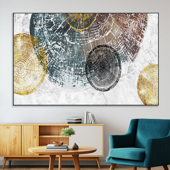 70653-MGV-CV-36X24-Abstract Tree Ring Wall Art – Modern Rustic Wood Slice Canvas Print with Gold Accents, Contemporary Nature Decor for Living Room,