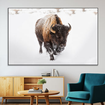 19889-SEG-FC-51X34_Oversize-Snow Bison Wall Art – Majestic Buffalo Winter Landscape Canvas Print, Rustic Wildlife Photography Decor for Cabin, Lodge, Living